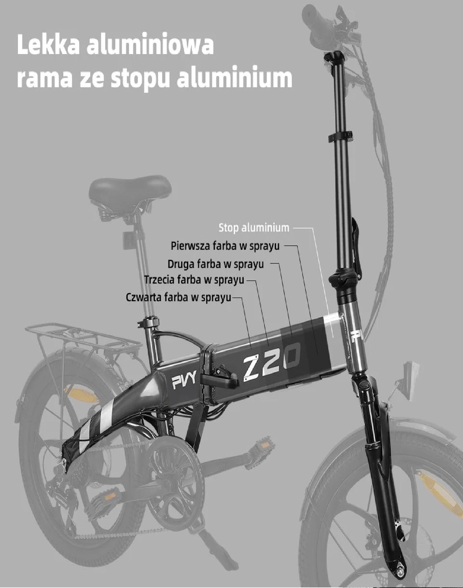Rower Elektryczny PVY Z20 Pro - Moc 250W Bateria 36V10.4AH Zasięg 80KM Hamulec Tarczowy Mechaniczny - Szary
