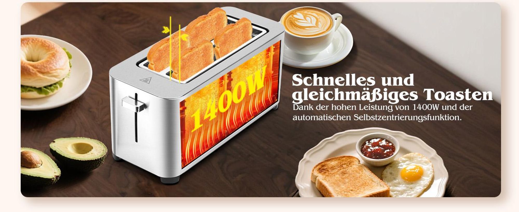 Aigostar Toaster 2/4 Scheiben, 6 Bräunungsstufen, LED-Touchscreen, Toaster Langschlitz , 2 lange Schlitze, 1400 W Brotzentrierung, Edelstahl