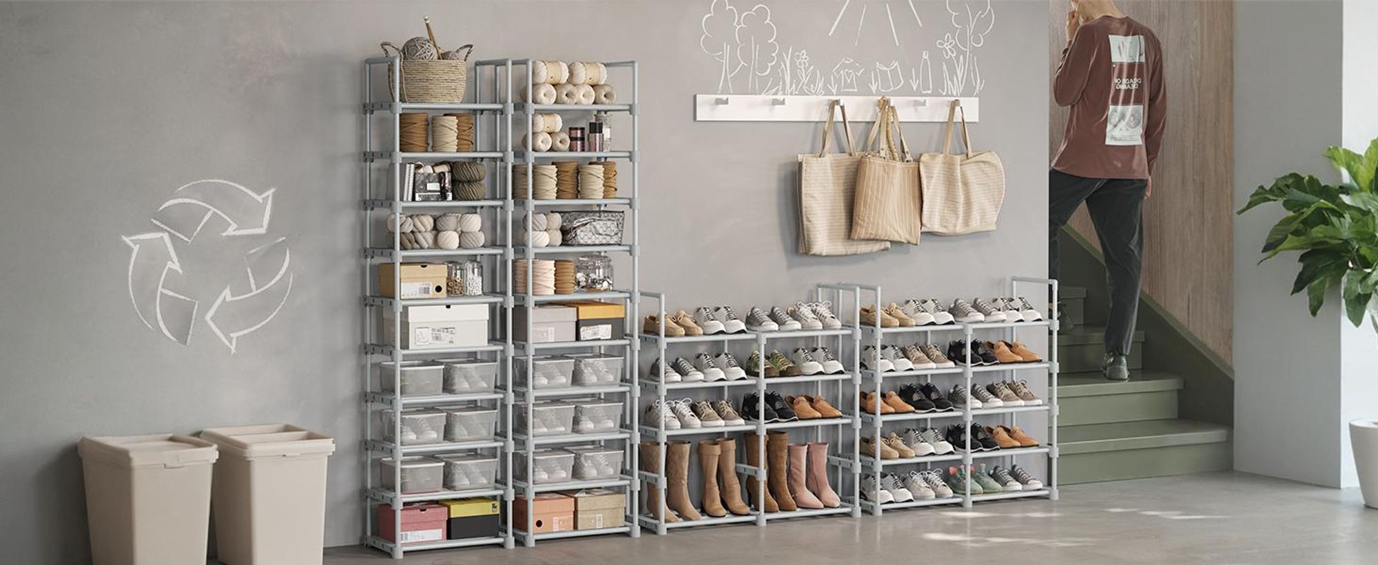 SONGMICS Schuhregal mit 10 Ablagen, 45 x 30 x 174 cm, großer Schuhständer aus Metall, DIY, Standregal, platzsparend, multifunktional, grau LSA025G02