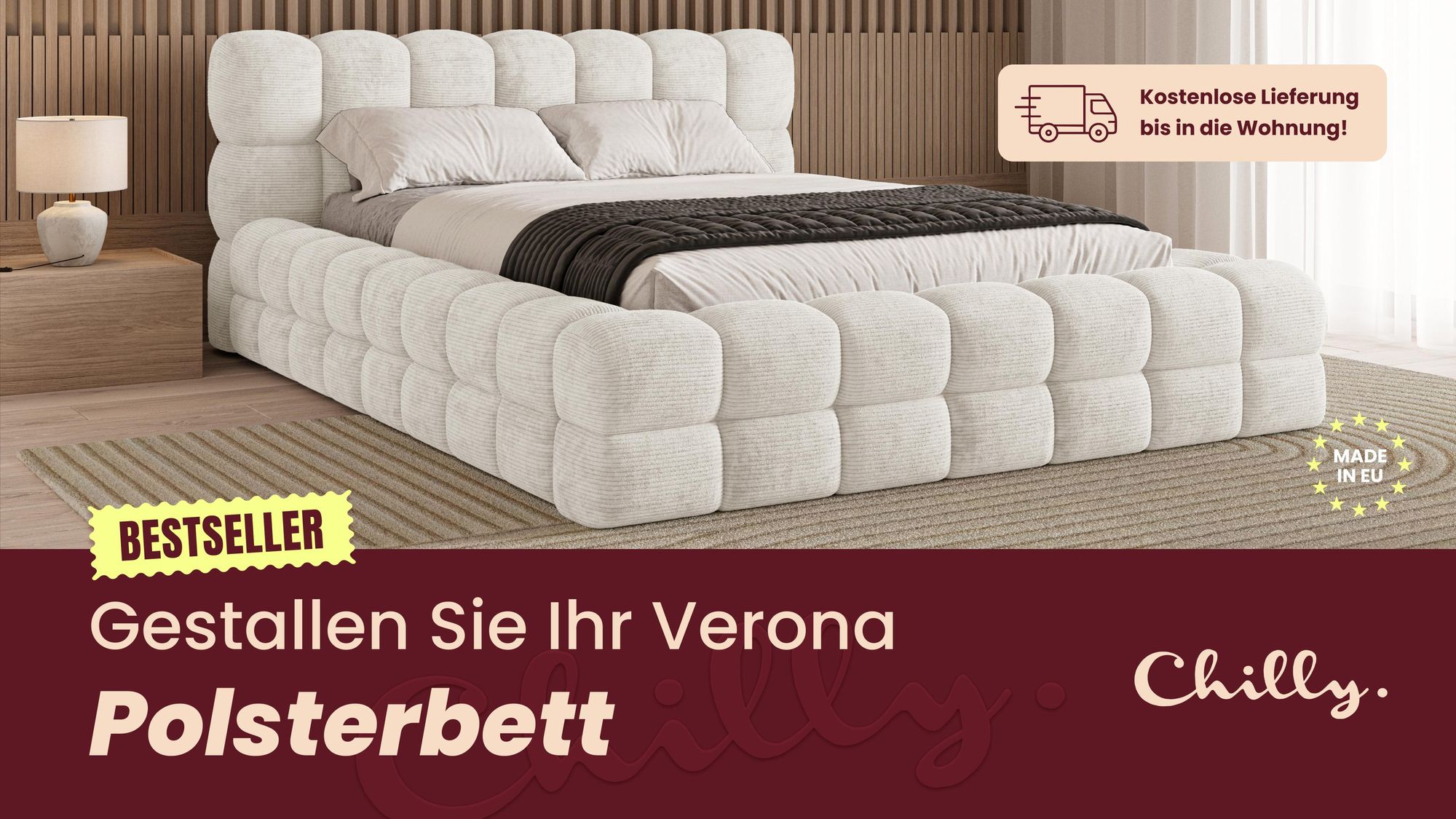 Chilly Möbel Design Polsterbett Verona 200x200 cm Bouclé Schwarz – Doppelbett mit Stauraum, Metallrahmen & Bettkasten | Quelle 100