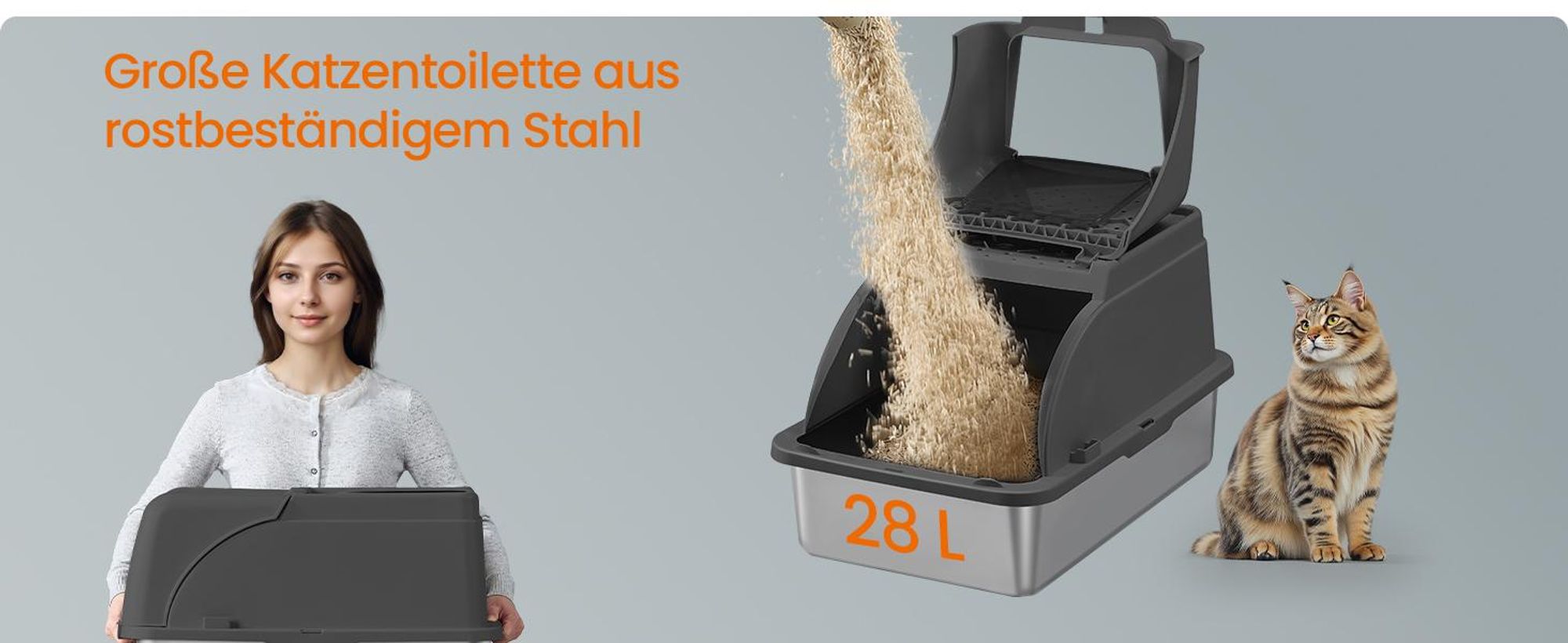 Feandrea Katzenklo Edelstahl, XL, Katzentoilette mit Deckel, mit Schaufel, Bürste und 2 Eingängen, für Katzen bis 15 kg, tintenschwarz