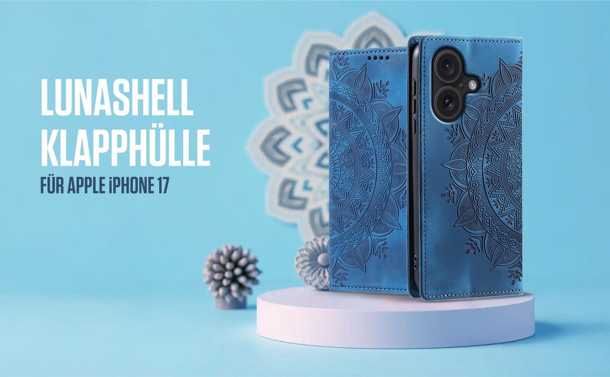 Blaue Klapphülle für Apple iPhone 17 mit feiner Mandala Prägung