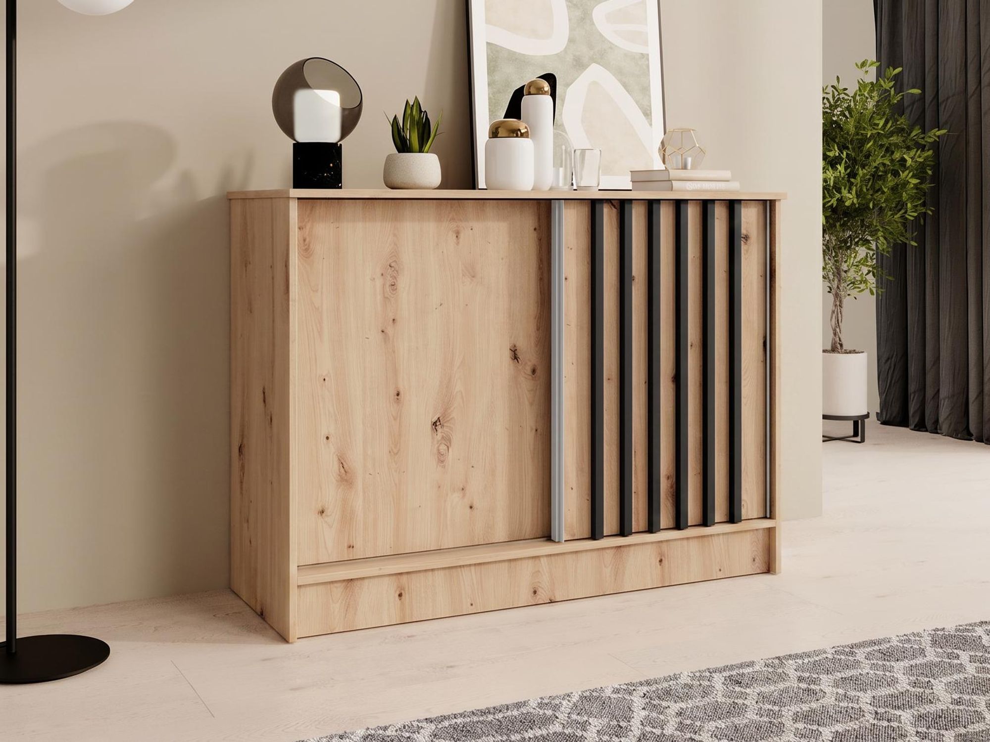 BEAUTYSOFA | Kommode HORIZON 100 cm Artisan, Schwarz mit Lamellen Sideboard mit 2 Schiebetüren, Modernes Design, viel Stauraum