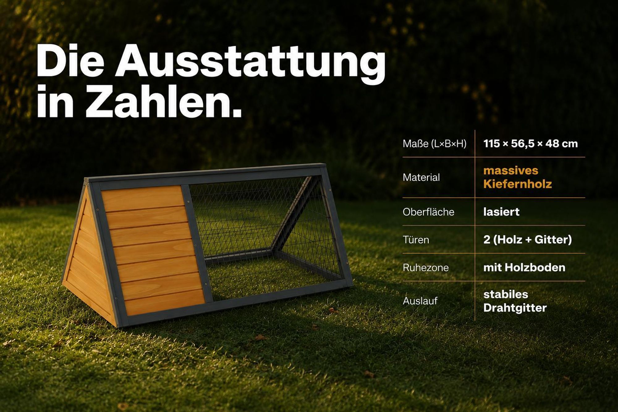 Hasenstall Kaninchenstall Dreieck Moritz 096 | 115 x 56,5 x 48 cm | Massivholz Kiefer | Winterfest & Wetterfest | Freilaufgehege Braun-Grau