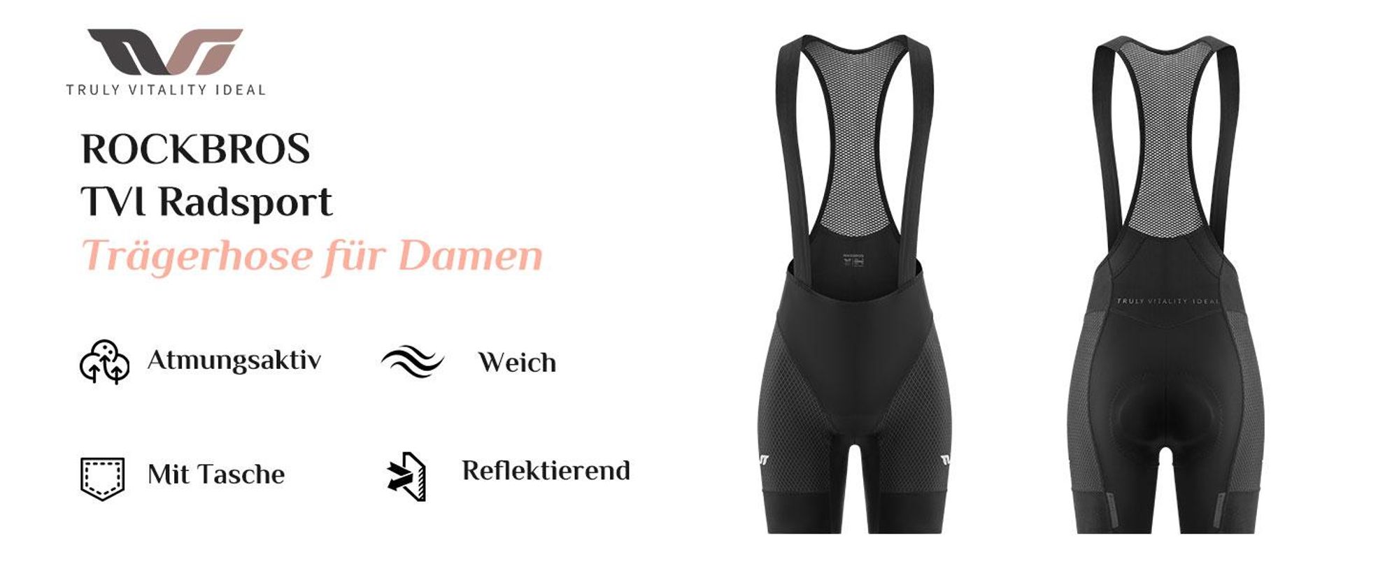 ROCKBROS TVI Trägerhose Damen Kurz Gepolstert Mit Tasche Schnelltrocknend Stoßfest Für Rennrad MTB Schwarz Größe S