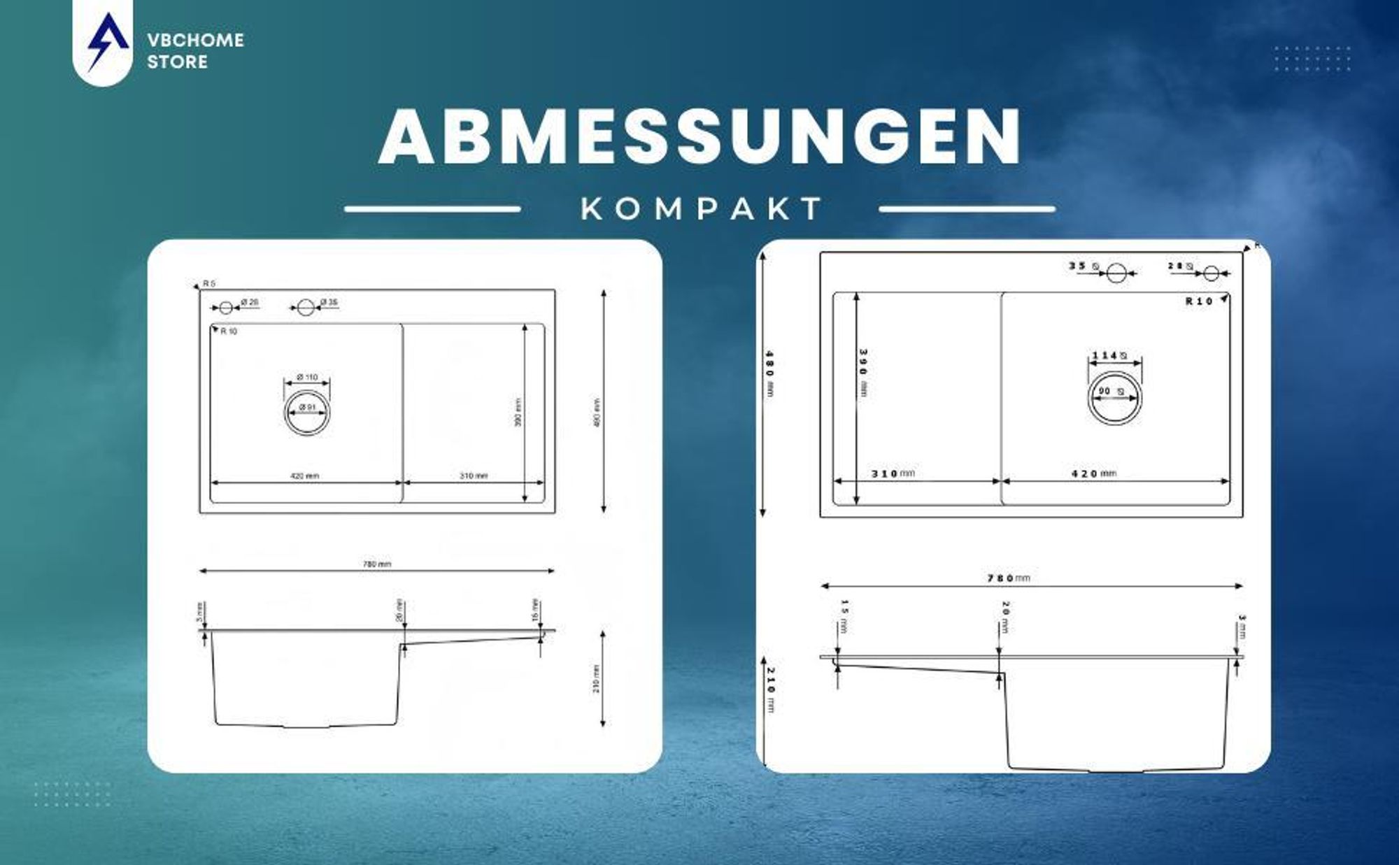 VBChome Küchenspüle 78×49 cm Edelstahl Stahlfarben mit Abtropffläche rechts – 1 Becken Spülbecken Einbauspüle Tiefe 21 cm Mindestunterschrank 50 cm
