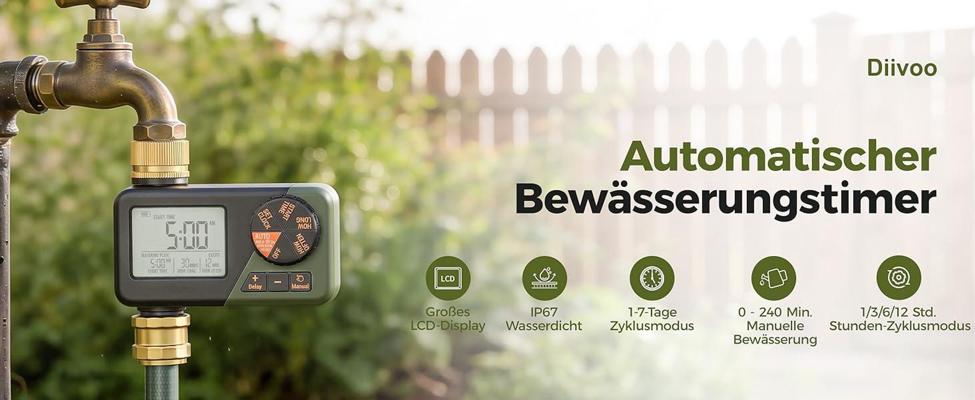 Diivoo IP67 Bewässerungscomputer LCD-Display Bewässerungsuhr mit Regenverzögerung Automatische & Manuelle Bewässerung