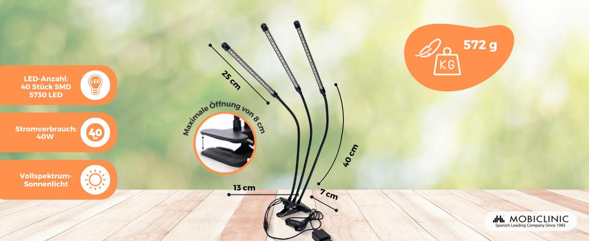 Mobiclinic, Pflanzenlampe, LED, GrowFlex X3, 3 Modi, 6000K, 10 Helligkeitsstufen, 3 Köpfe, Vollspektrum, , Timer, 360° Rotation, 60W, USB, Grow lampe