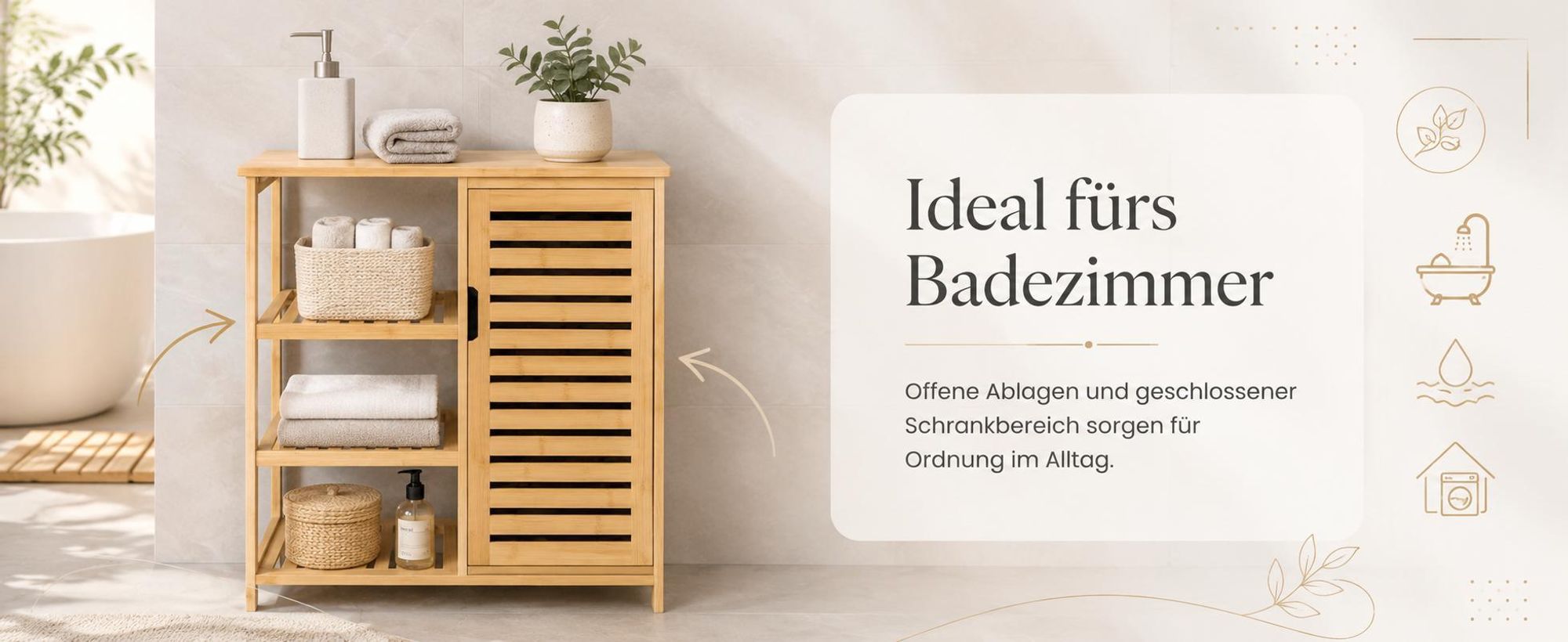 BEGRYF Bambus Badschrank 87,5x66x33 cm, Hochschrank mit Tür und 3 Ablagen, Badezimmerschrank natur