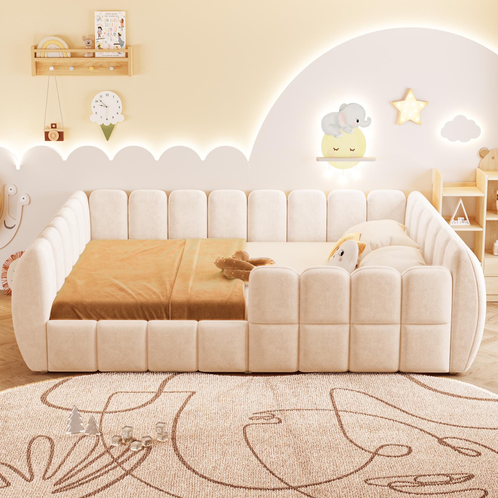 Merax Gepolstertes Kinderbett Bodenbett 140x200cm, Samtbett mit geschlossenem Design und abgerundeten Ecken, Montessori Bett für Jugendliche, Beige