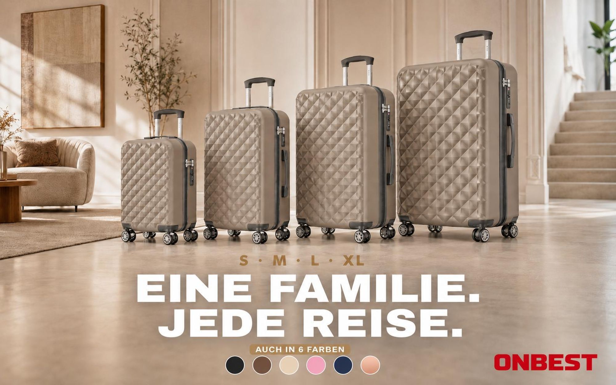 ONBEST Hartschalen Koffer Set | 4-teilig | Champagner | mit TSA-Schloss | USB-Anschluss | viel Zubehör | 360° Doppelrollen