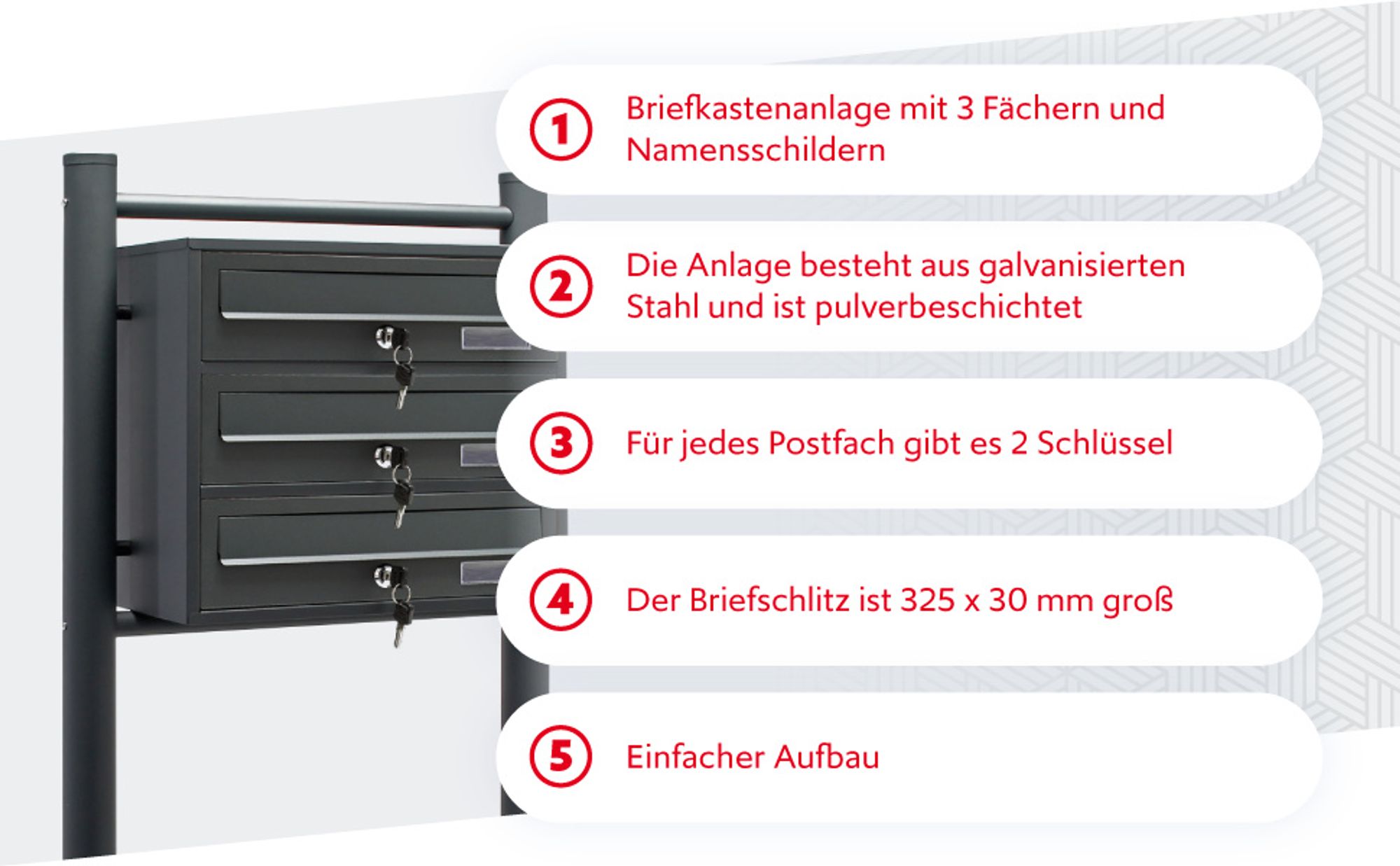 Wiltec 3er Briefkastenanlage Anthrazit 556 x 270 x 1200 mm, Standbriefkasten mit 3 Fächern, Schlüssel und Namensschild, Briefkasten Postkasten mit Ständer