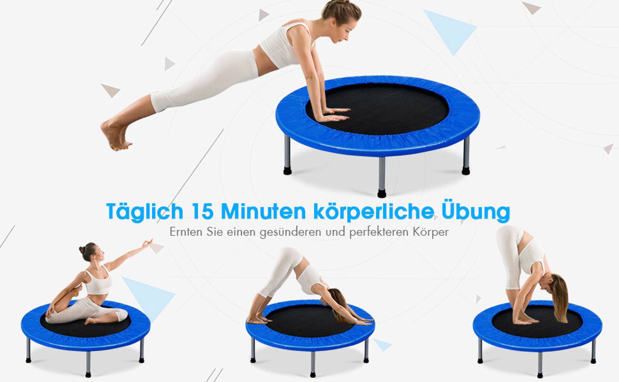 Trampolin aus Stahlrohr, Faltbares Kindertrampolin mit Tragfähigkeit von 150 kg, Fitnesstrampolin mit Rutschfesten Fußkappen, Gartentrampolin für Kinder & Erwachsene, Indoor&Outdoor