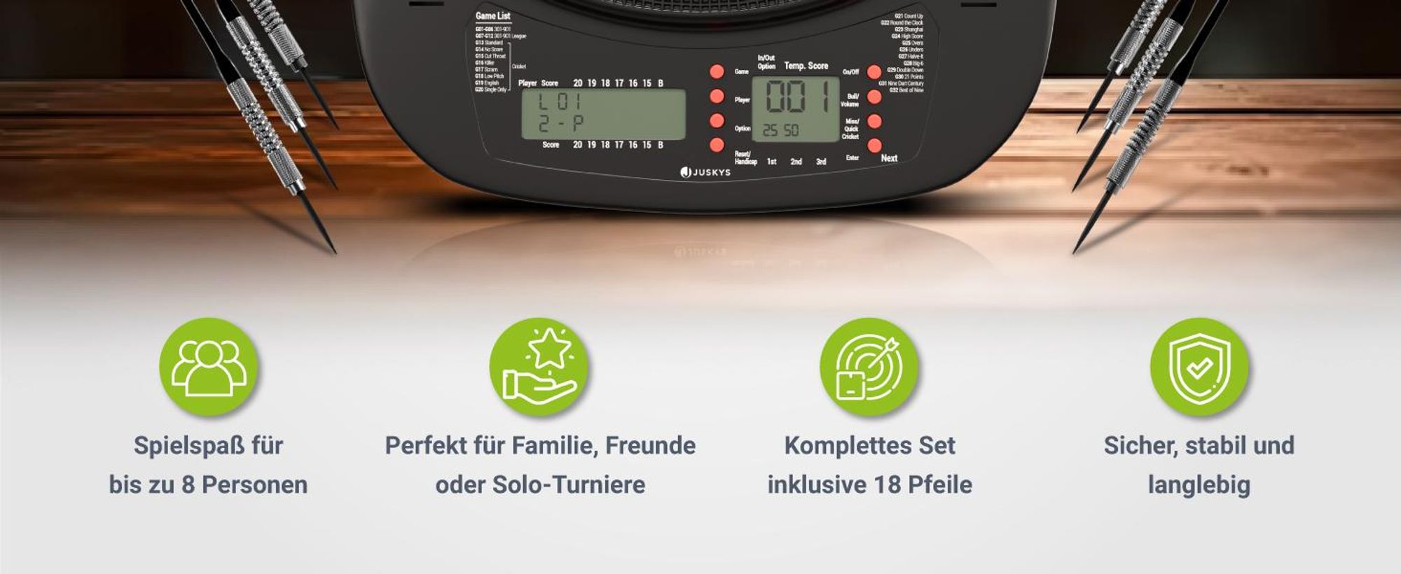 Juskys Elektronische Dartscheibe mit 32 Spielen & Zubehör – bis zu 8 Spieler