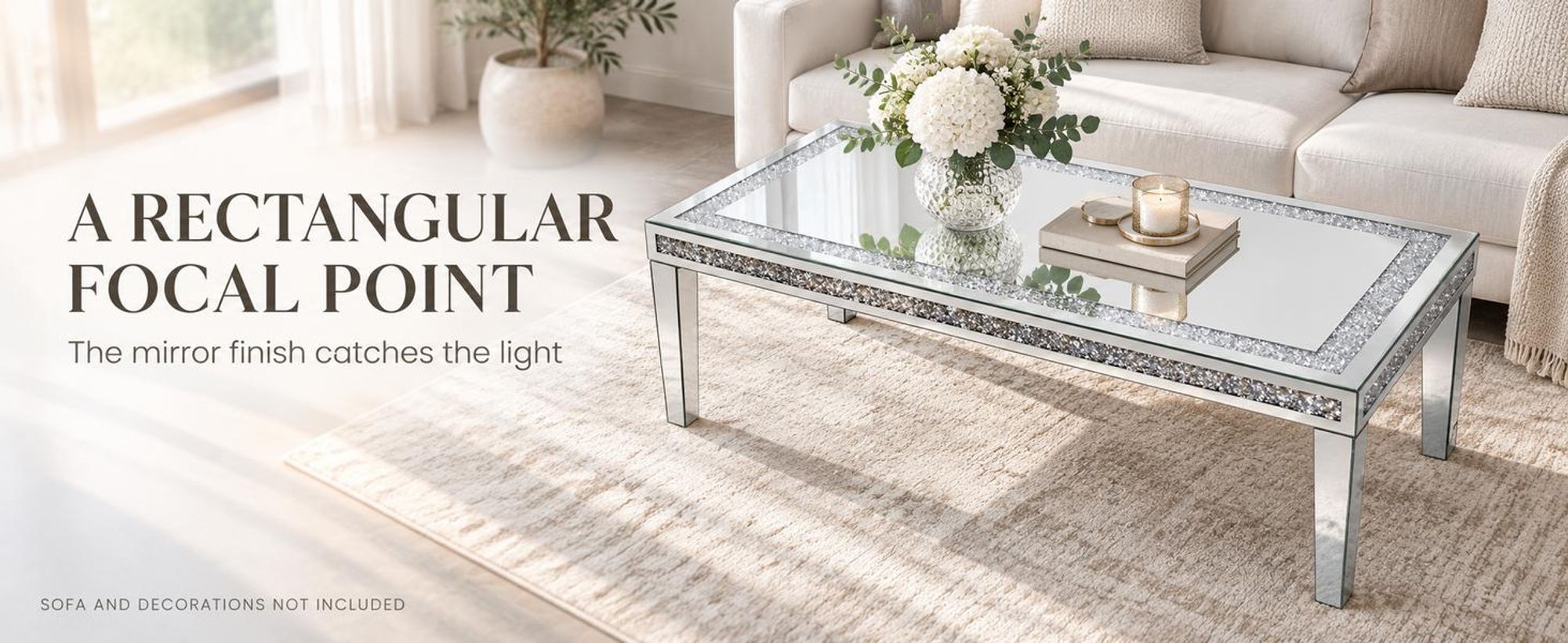 Vrygle Couchtisch verspiegelt 120x60x45 cm, Glas mit Kristall-Nachbildung, Silber