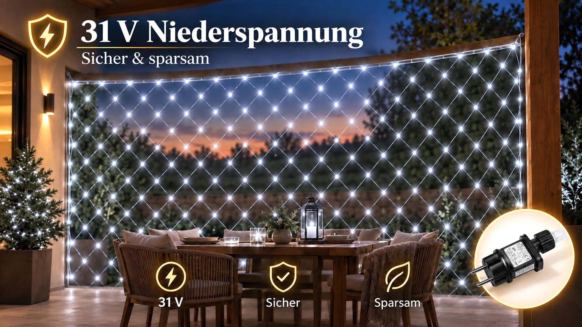 2X2m 144 LED Lichterkette Netz Lichternetz Weiß 8Modi Speicherfunktion Stecker für Büsche Garten Weihnachtsbaum Party Weihnachten Beleuchtung Deko