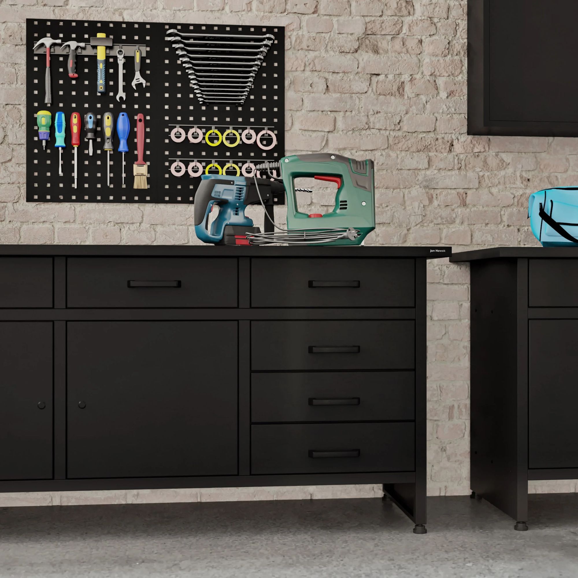 Werkbank mit Arbeitsplatte Werktisch mit 6 Schubladen 2 Schließfächer Verstellbare Füße MDF-Arbeitsplatte Belastbar bis 500 kg Metall 170 cm x 60 cm x 85 cm Farbe: Schwarz
