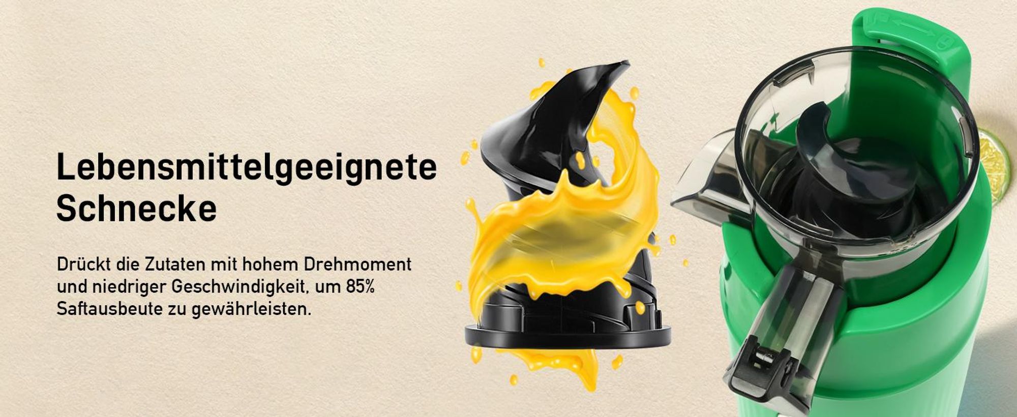 Ventray Essential Ginnie Juicer – Cold Press Slow Juicer, Kompakt & Leise (60 U/min, 45 mm Einfüllöffnung), BPA-frei, Sicherheitsverschluss, 400 ml