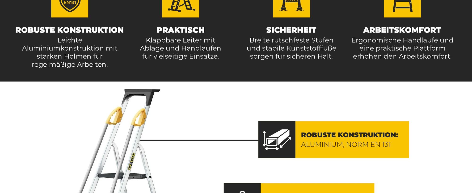 Drabest | Leiter - 7 Stufen, Tragfähigkeit 150kg - Leiter mit Handläufen, Alu Leiter, Anti-Rutsch-Füße, Trittleiter, Klappleiter