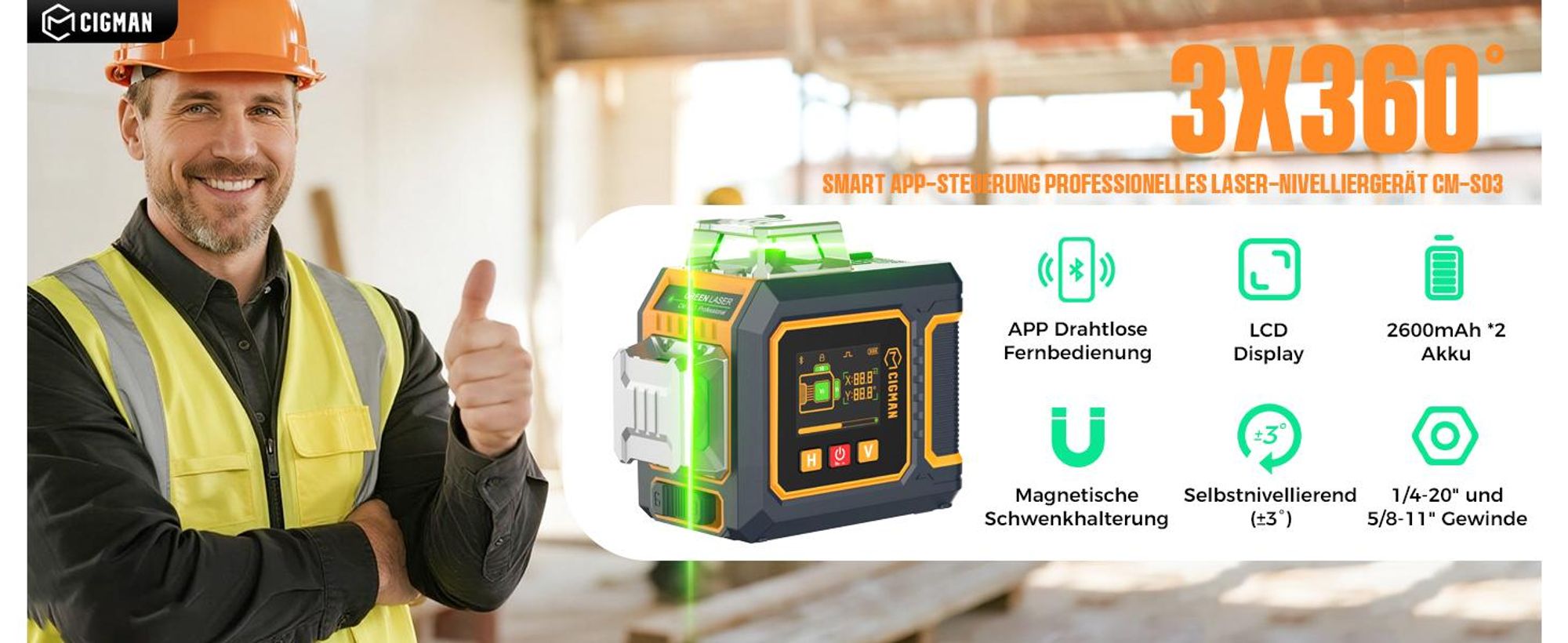 CIGMAN CM-S03 Kreuzlinienlaser 3x360° Grün mit App & LCD-Display