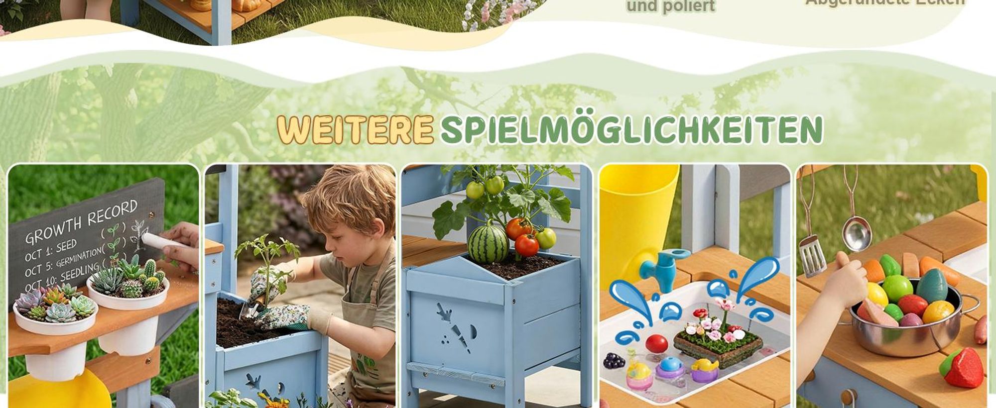 FCH Matschküche aus Holz für Kinder Outdoorm,Gartenküche,Spielküche mit Spüle, Kochfeld und Pflanzkasten