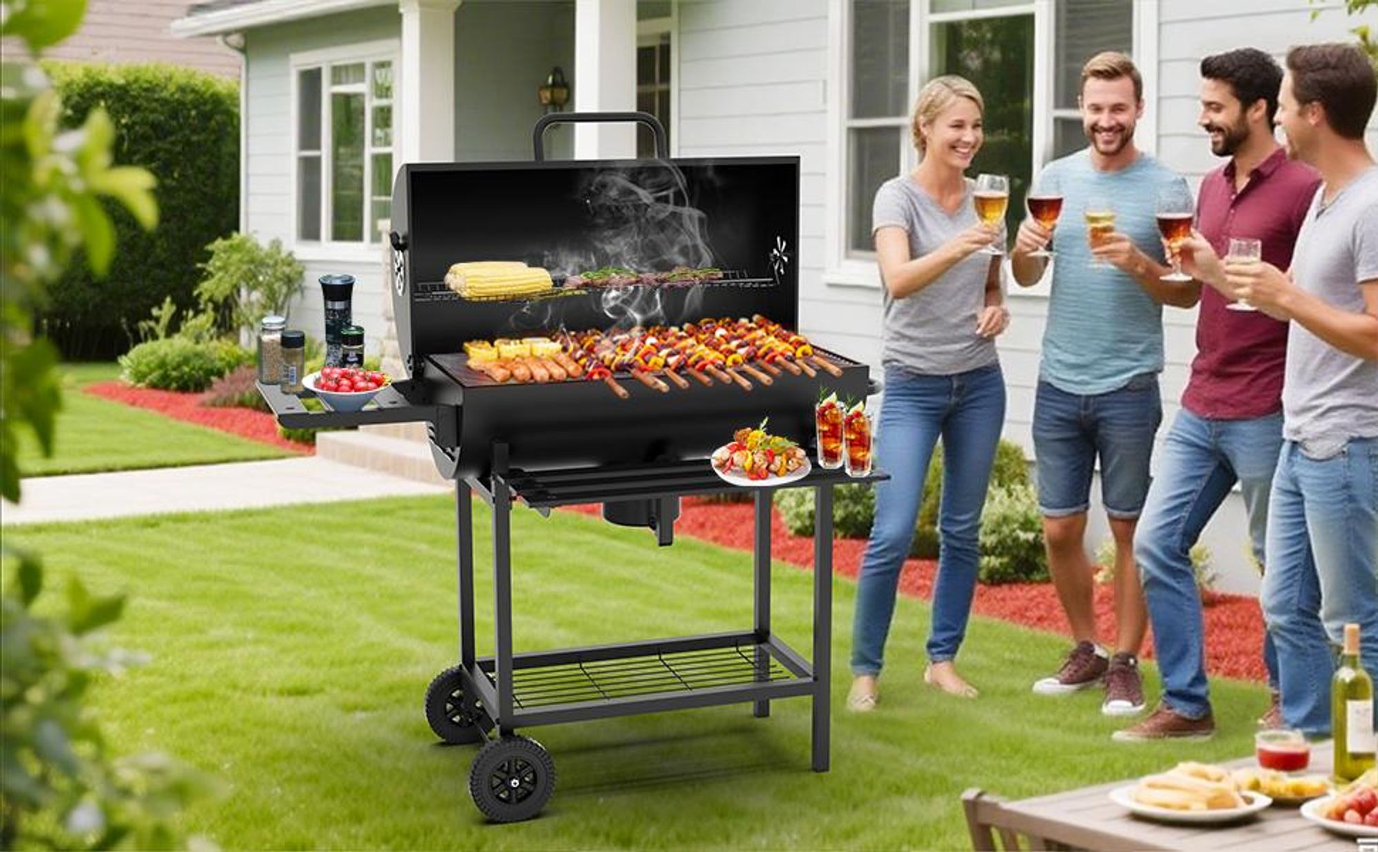 TEENO Grill Grillwagen BBQ Smoker Holzkohlegrill mit Deckel,Brathähnchen-Gestell,Rädern,Edelstahl-Griff,Grillrost und Thermometer
