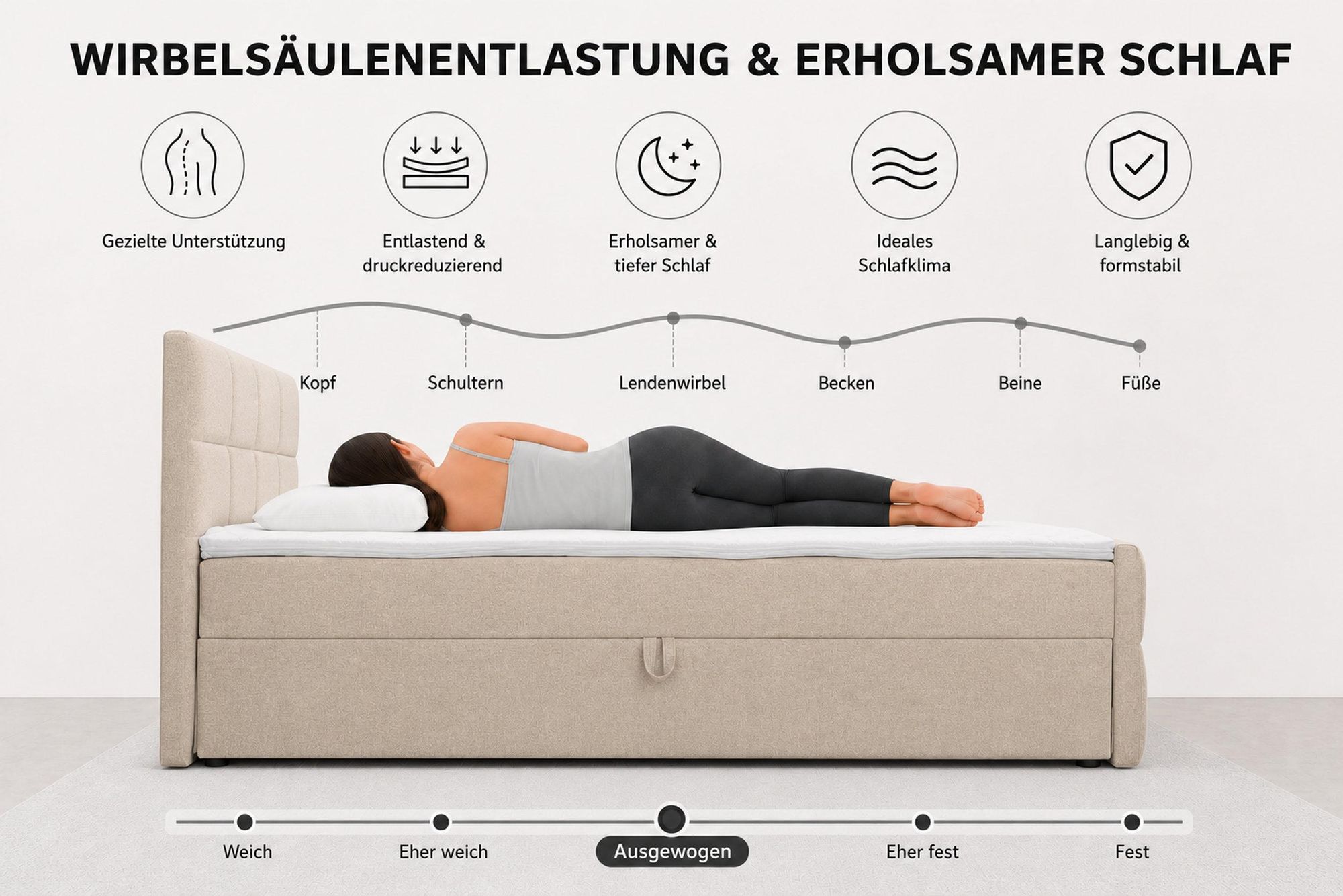 VENASI Boxspringbett 160x200 mit Bettkasten, Doris Doppelbett Beige Velourstoff