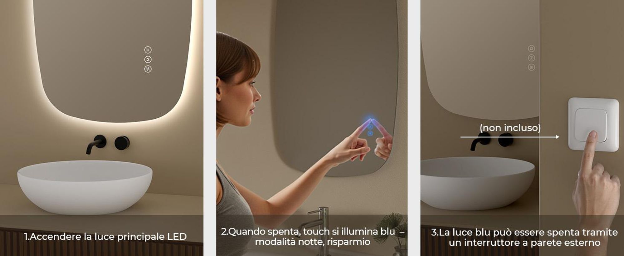 S'AFIELINA 95×60 cm specchio da parete LED - specchio da bagno con illuminazione, vetro HD, dimmerabile, LED a 3 colori, antiappannamento, appendibile in orizzontale e in verticale