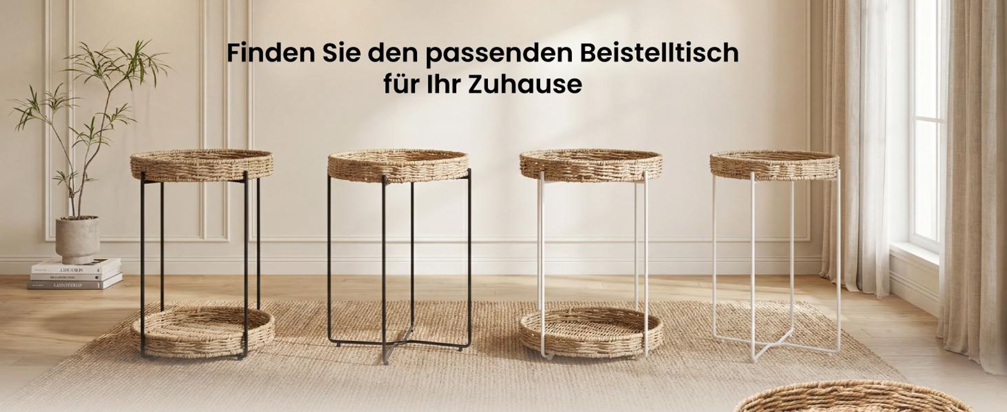 Mai & Mai Beistelltisch rund Ø37×H55 cm, Couchtisch klein mit abnehmbarem Tablett aus Papierkordel, Schwarz Reglo-08