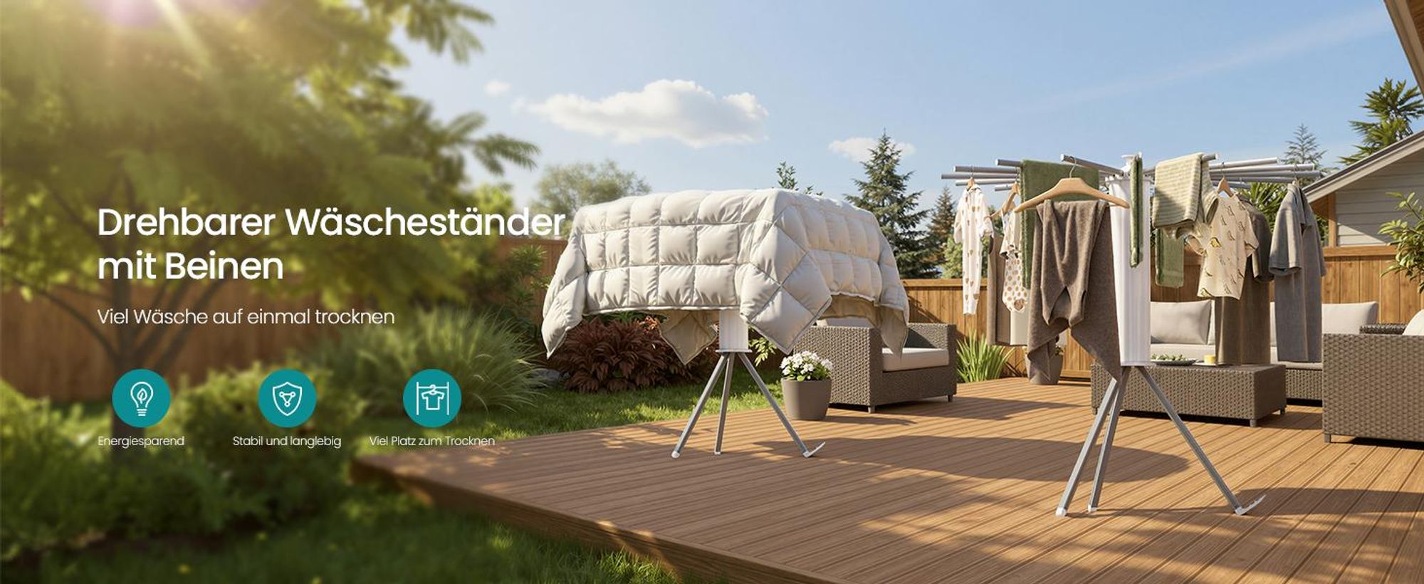 SONGMICS Wäscheständer klappbar, Ständer ausziehbar, platzsparend, drehbar, Balkon Waschküche, Aluminiumlegierungsarme, silbern