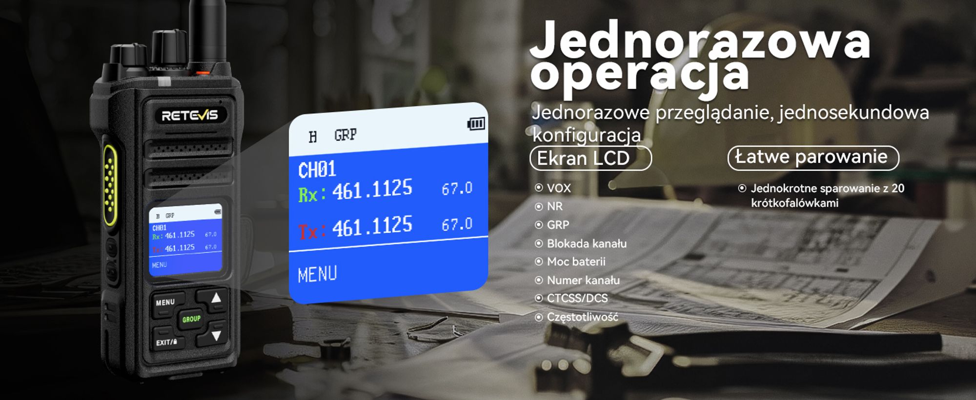 Retevis NR630S Walkie Talkie Dalekosiężne, wodoodporne radiotelefony dla dorosłych, IP67, 2800 mAh, redukcja szumów AI, LCD dla logistyki