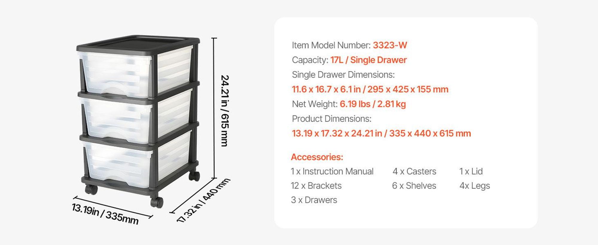 VEVOR Schubladenwagen Schubladenschrank mit 3 Schubladen (17 L/per), rollbarer S