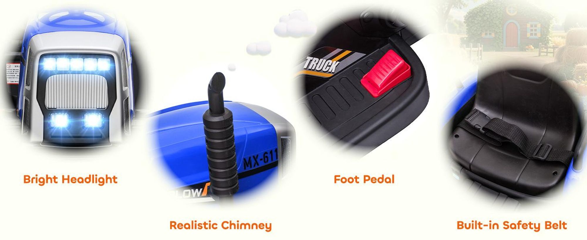Elektryczny traktor HOMCOM z przyczepą, 12 V, dziecięcy traktorek z pilotem 2.4G, 2 silnikami, muzyką, klaksonem i funkcją USB, elektryczny samochodzik dla dzieci w wieku 3-6 lat, niebieski