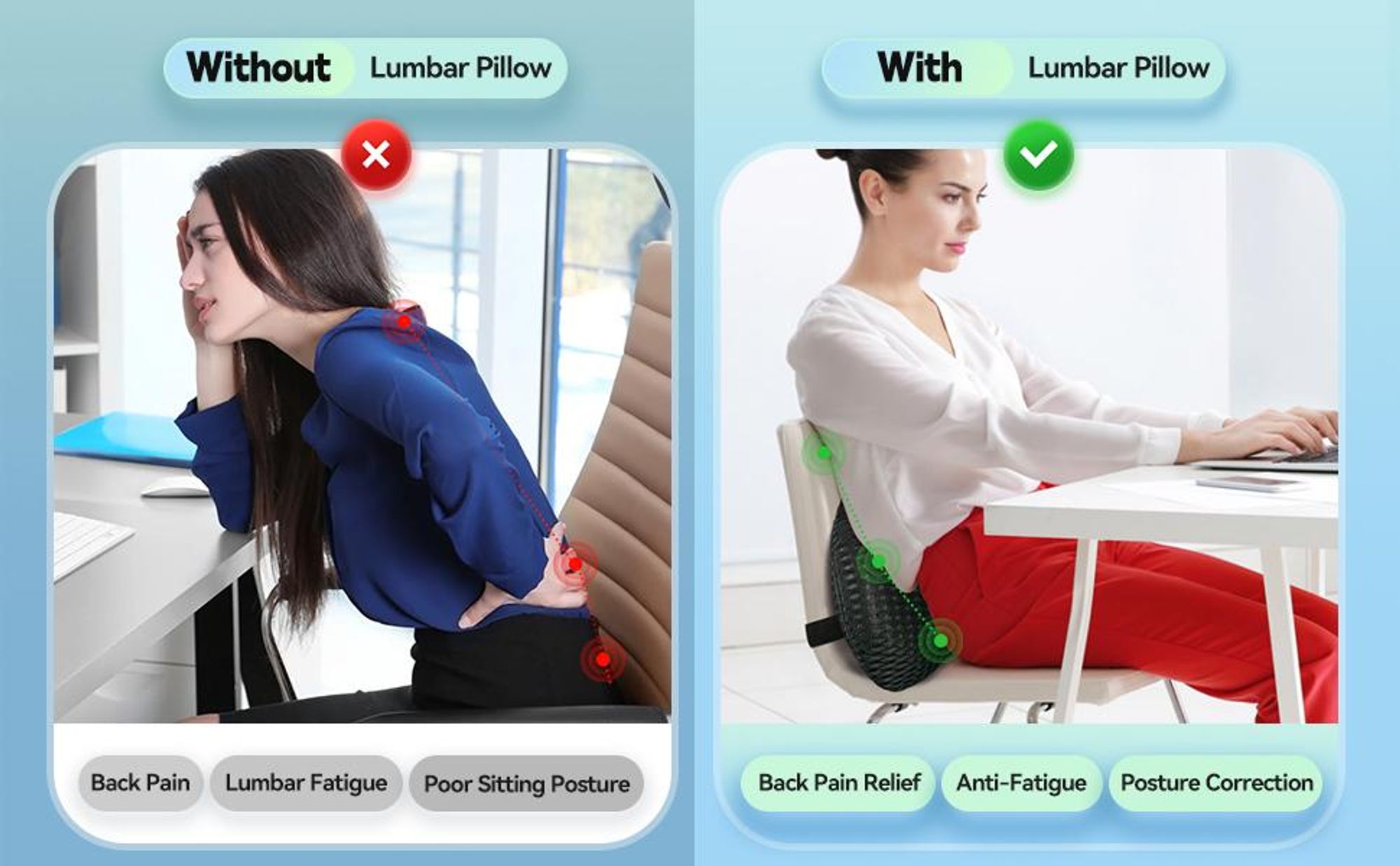 Orthopädisches Lendenkissen aus Memory Foam, Rückenkissen, Lendenwirbelkissen, Ergonomisches Design, mit Befestigungsgurt, für Bett, Auto, Bürostuhl