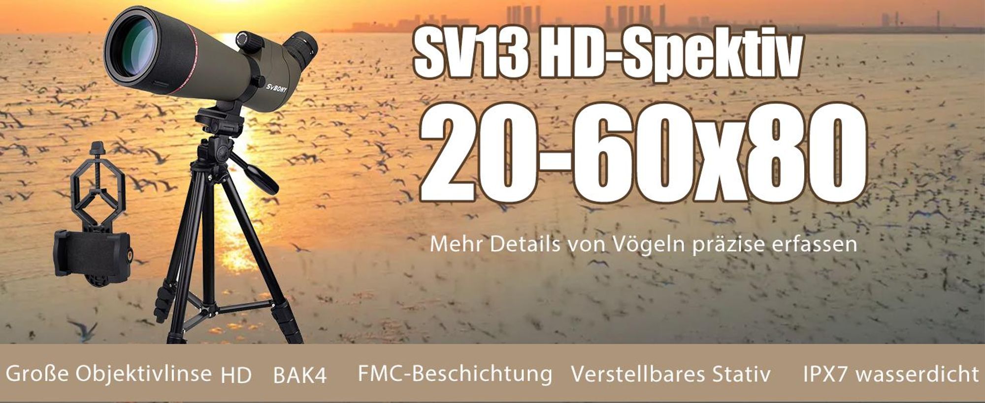 Svbony SV13 Sepktiv mit Stativ, 20-60x80 FMC Optik Porro Prisma Wasserdicht Spektiv, Monokular für Sportschützen, Jagen, Vogelbeobachtung, Wildlife Scenery Zuhause oder Outdoor