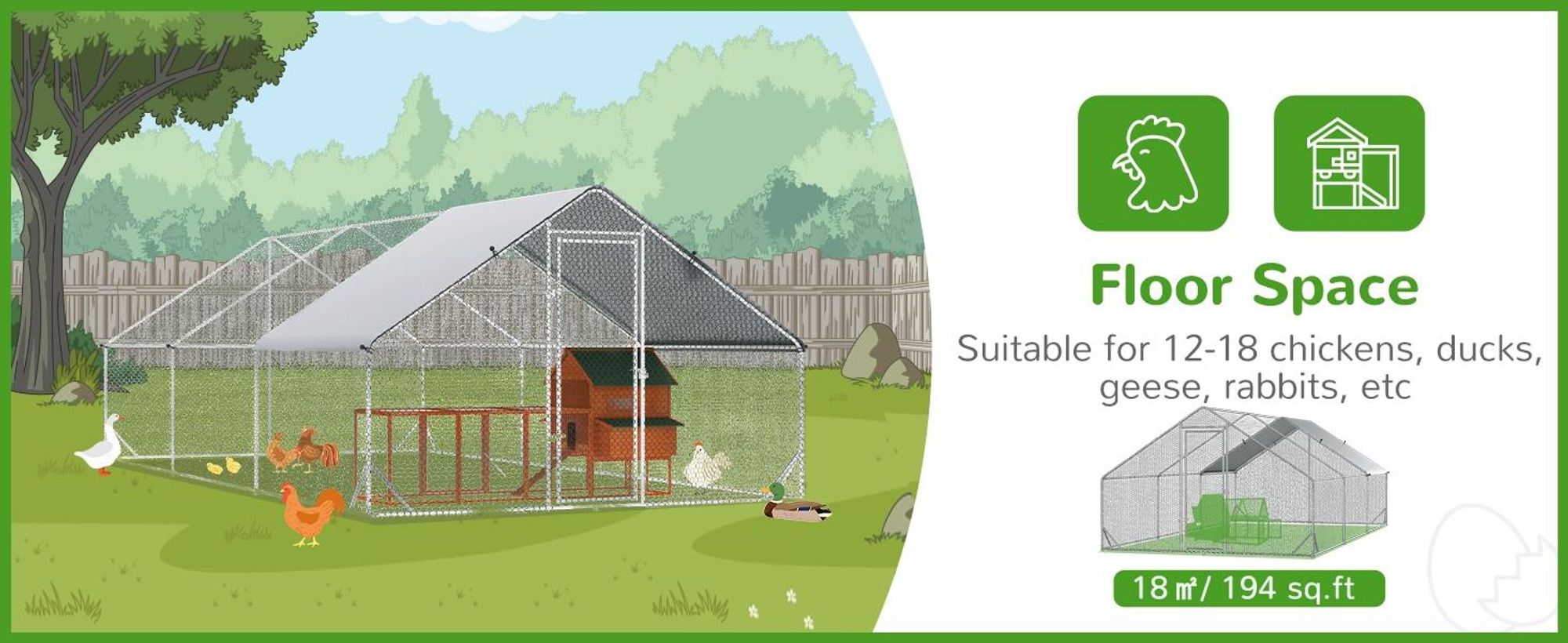 PawHut Kurnik wolnowybiegowy ze stali, 300 x 600 x 200 cm Klatka dla kurczaków z pokrywą, drzwiami, wybieg dla 12-18 kurczaków, małe zwierzęta, srebrna