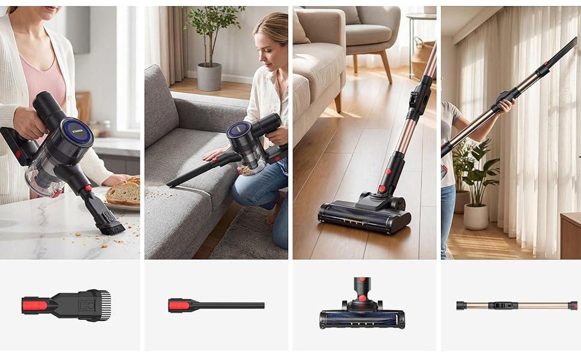 Stanew Aspirateur Balai sans Fil, 45Kpa Puissant, 550W Moteur sans Balai, Pliable à 180°, 30Min Autonomie, Filtration HEPA, LED, Polyvalent