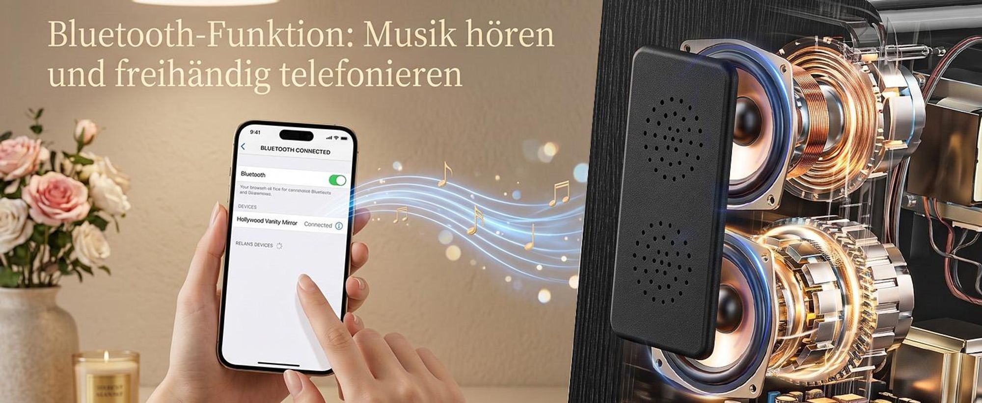VANITII Hollywoodské kosmetické zrcadlo 80 cm x 58 cm s LED osvětlením 3 světelné režimy krystaly Bluetooth kosmetické zrcadlo do koupelny toaletní stolek Bílá