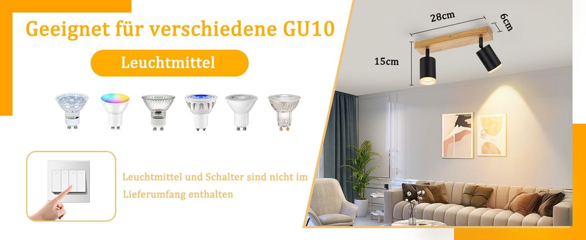 ZMH Deckenstrahler Schwarz 2 Flammig - Küchenlampe GU10 Holz Wandstrahler 350°Drehbar Vintage Flur Strahler Retro Industrial Ohne Leuchtmittel