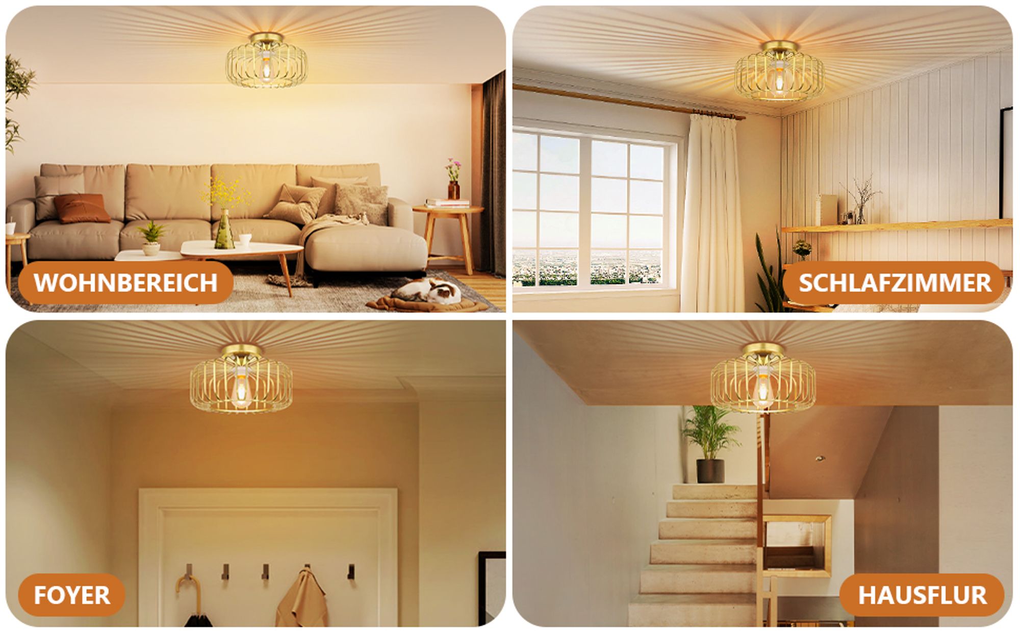 Deckenleuchte Modern Gold Metall Deckenlampe E27 Fassung Runde Lampenschirm mit LED Glühbirne für Wohnzimmer Schlafzimmer Esszimmer Flur