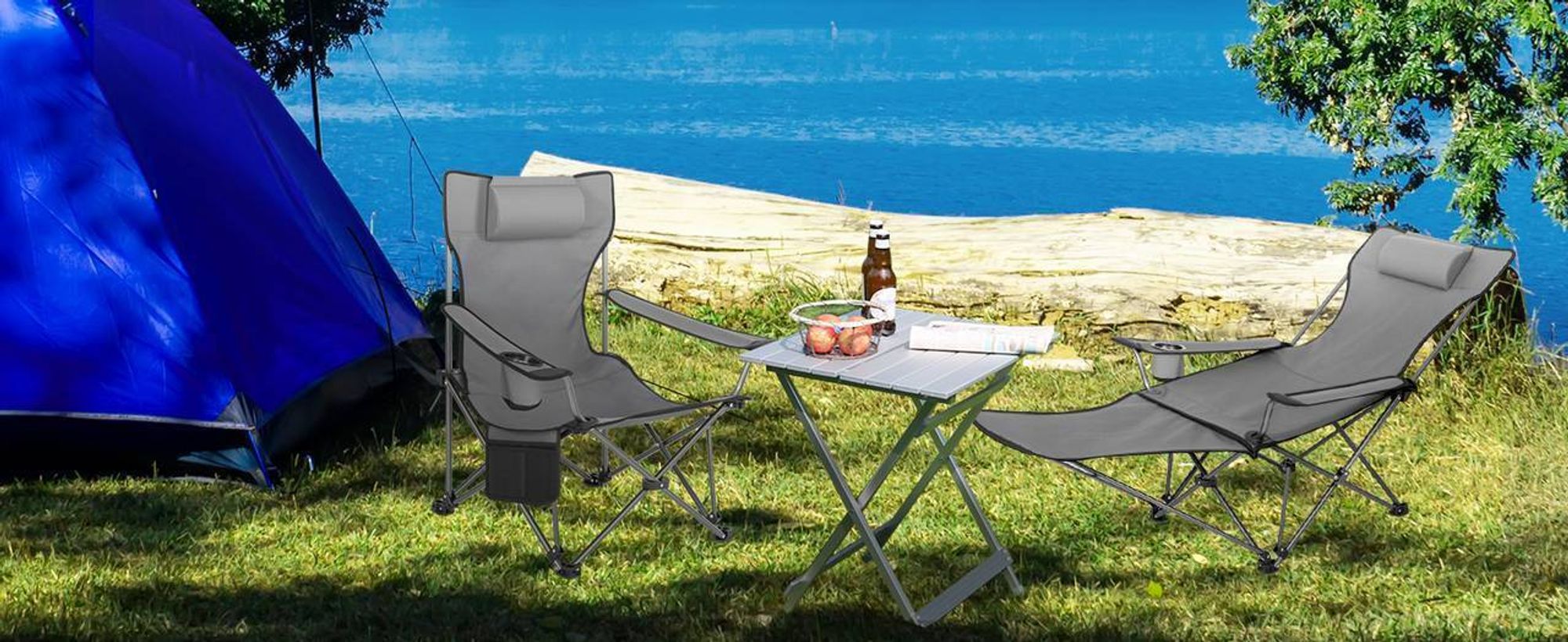 WOLTU Campingstuhl klappbarer Angelstuhl ultraleichter Stuhl Liegestuhl mit Lehne Fußstütze Getränkehalter Aufbewahrungstasche Sonnenstuhl belastbar 150 kg Faltstuhl aus Oxford-Gewebe, grau