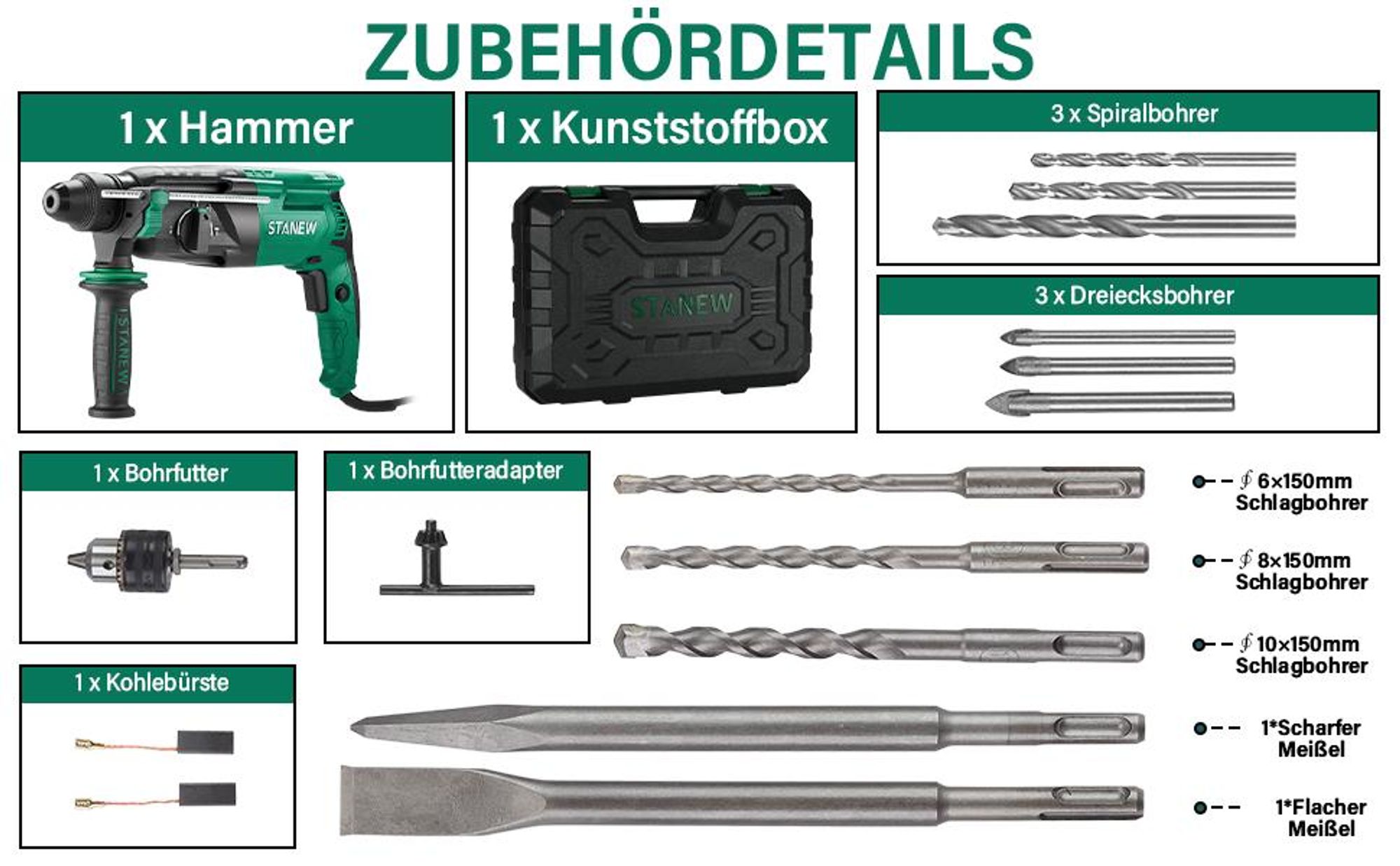 STANEW Bohrhammer 950 W kabelgebundener SDS-Plus mit 16 Zubehörteilen, 0–1150 U/min/5100 BPM Schlagbohrmaschine mit 4 Funktionen und Sicherheitskupplu