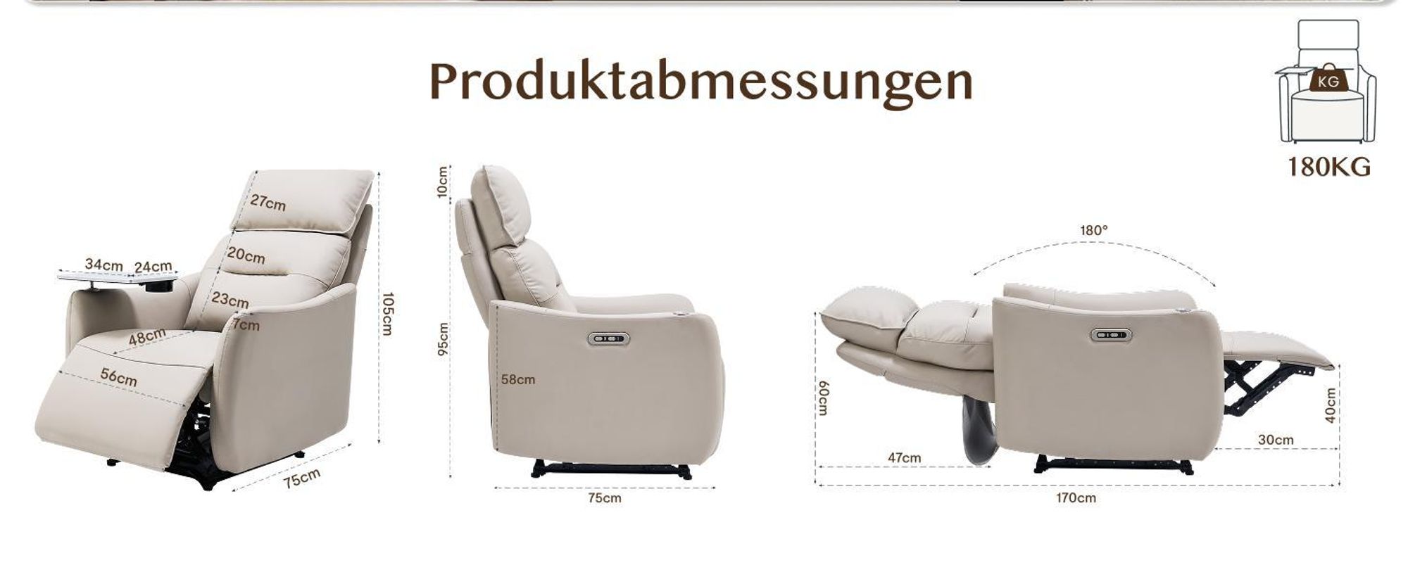 FLEXISPOT Lune Pro Elektrischer Relaxsessel, Doppelmotor, Echtleder, 180° Liegefunktion, 3-fach Kopfstütze, USB-Anschluss & 360° Schwenktisch, Beige