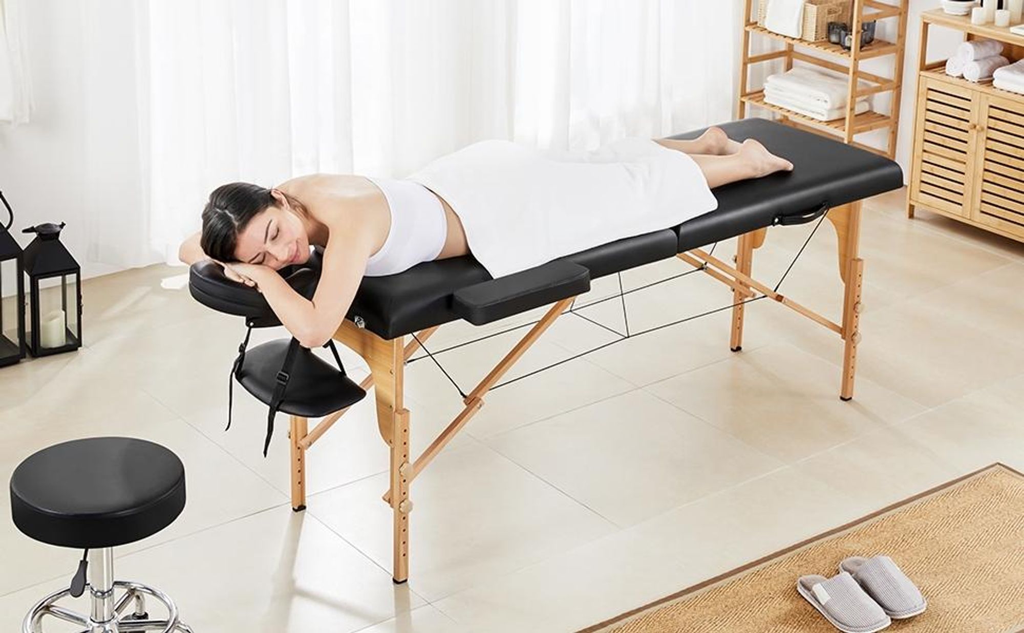 Yaheetech 2 Zonen Massageliege aus Holz, 213 x 82 cm, bis 250 kg, tragbar, klappbar, Massagetisch Kosmetikliege Tattooliege, Schwarz