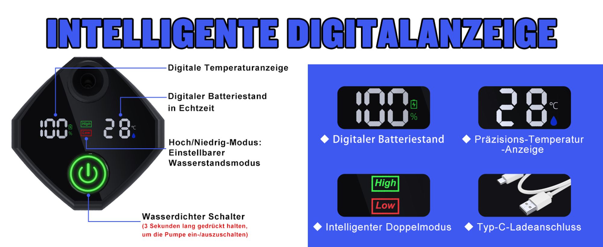 Tragbare Campingdusche,[6000 mAh] ,Pump- und Temperaturanzeige,mit Duschkopf und 2 m Schlauch für Garten, Waschen des Autos, Strand, Camping, Haustier