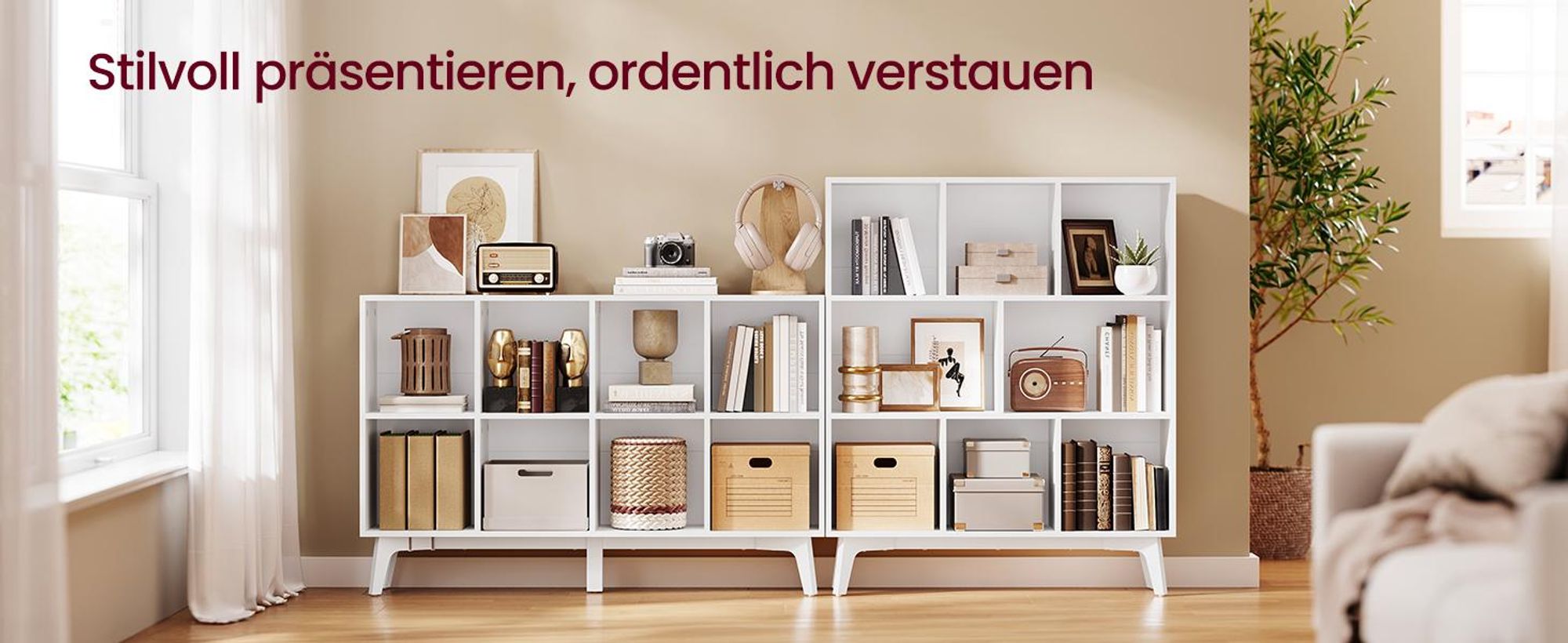 VASAGLE Bücherregal Standregal mit 8 Fächern Holzregal Mid-Century Modern 119,6 x 24 x 77 cm Weiß