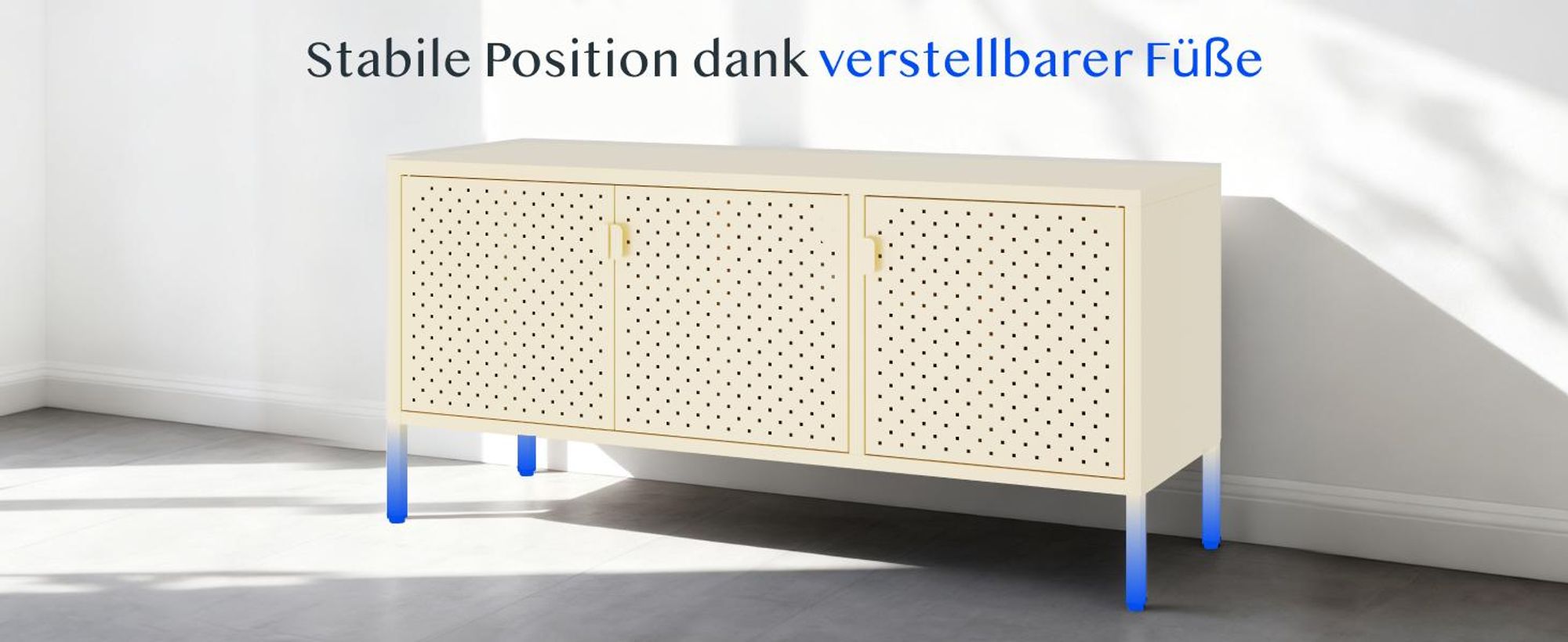 FLEXISPOT TV Schrank Metall – Sideboard mit Lüftungslöchern, 3 Türen & verstellbaren Füßen für Wohnzimmer, Büro, Schlafzimmer, 118x39x55 cm, Gelb