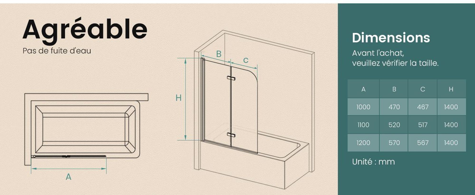 EMKE Paroi de douche 120x140cm, paroi de baignoire pliante, cadre noir mat, paroi de douche en NANO 6mm Easy Clean GLAS