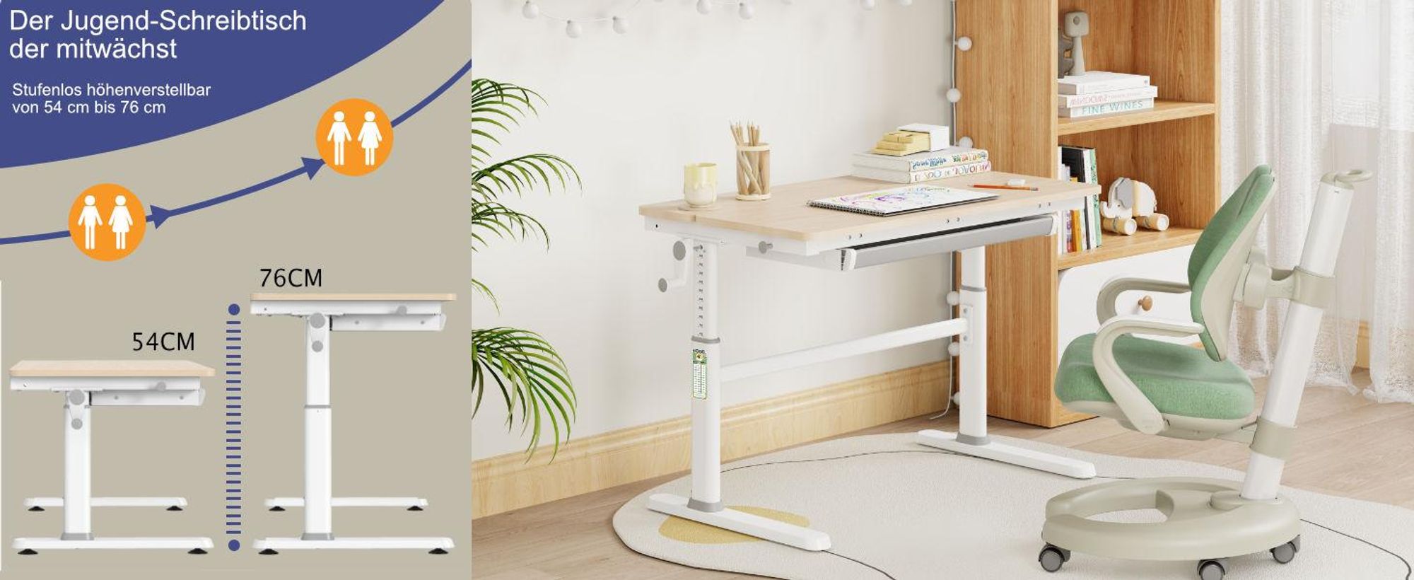 HOKO®Ergo Schülerschreibtisch höhenverstellbar 54-76 cm, 100x60 cm, neigbare Tischplatte mit Schublade, stabiler & kompakter Kinderschreibtisch