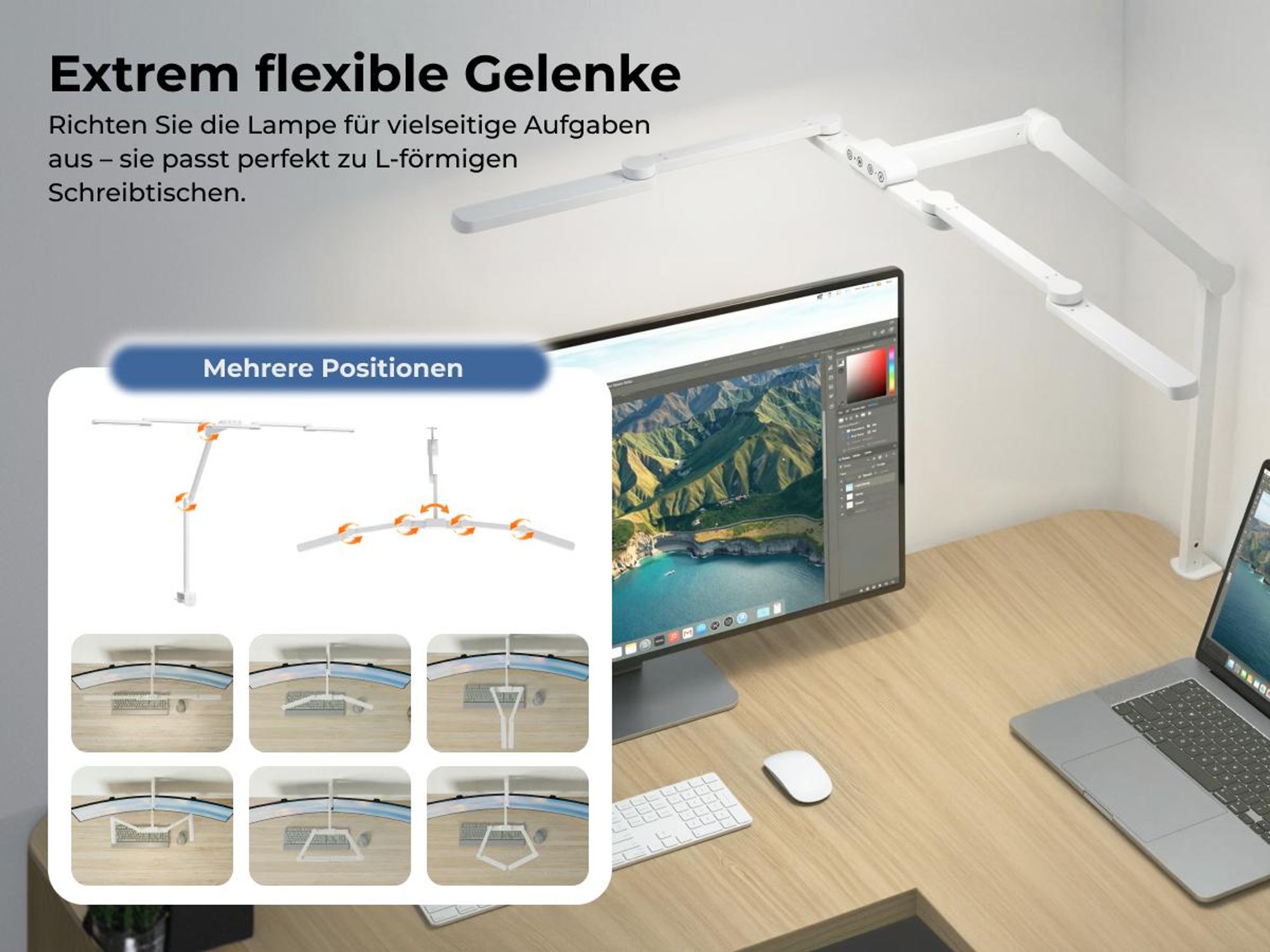 HOKO LUKAS dimmbare LED-Schreibtischlampe mit Lichtsensor für große Arbeitsflächen, Weiß